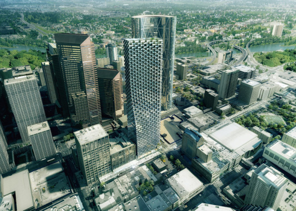 El curvilíneo rascacielos Calgary de BIG comienza sus obras junto a la Bow Tower de Foster and Partners