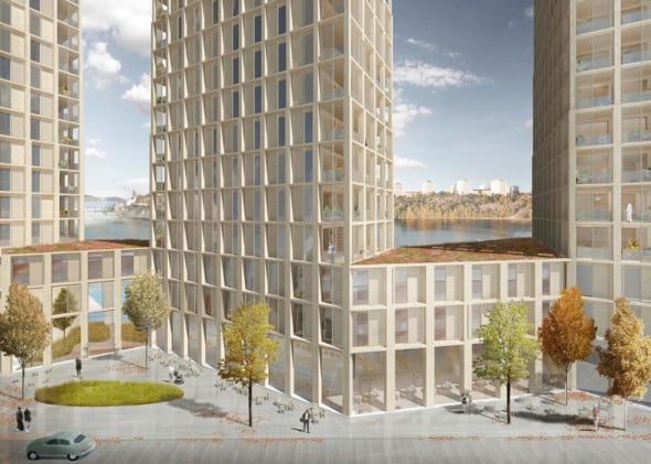 Tham y Videgard diseña torres residenciales de madera frente al mar en Estocolmo