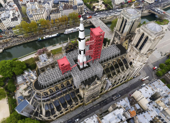 Diseador propone plataforma de lanzamiento de cohetes en la catedral de Notre Dame