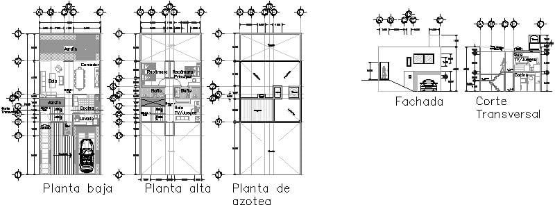 Casa  de 2 Niveles con Plantas, Cortes y Fachadas